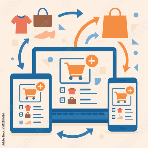 E-commerce shopping platform illustration featuring devices and shopping cart graphics