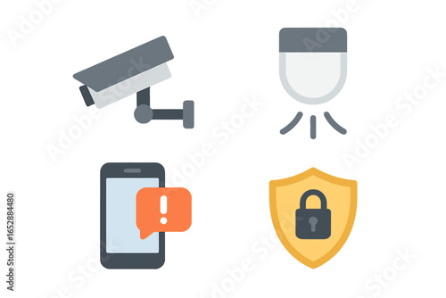 Comprehensive set of security icons featuring surveillance camera, spotlight, smartphone with notification, and locked shield, symbolizing digital protection, vigilance, and robust safety measures fo