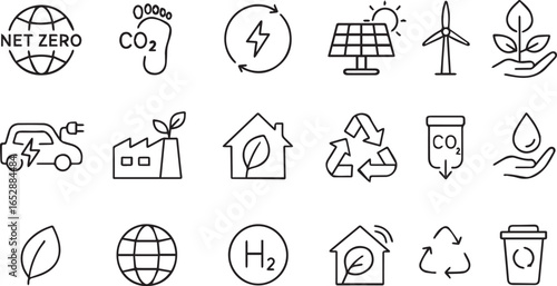 Net Zero Line Icons Set Vector Sustainability, Carbon Neutral, Renewable Energy, Climate Change, Eco-Friendly Editable Stroke