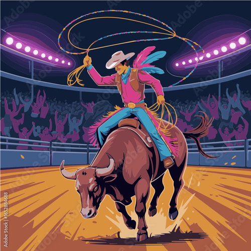 Colorful vector artwork illustration of a cowboy performs daring tricks at a rodeo