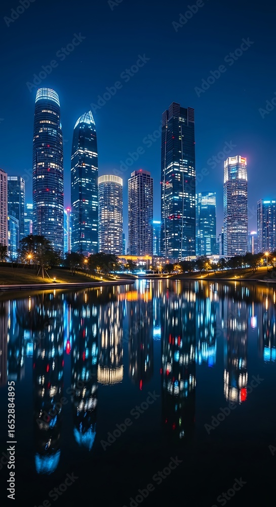 Fototapeta premium Illuminated Cityscape Reflecting in Calm Water at Night.