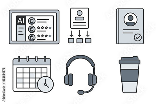 Modern Flat Icons for Business and Technology: AI Evaluation, Candidate Selection, Digital Profile, Scheduling, Communication, and Coffee. A versatile set of professional graphics.