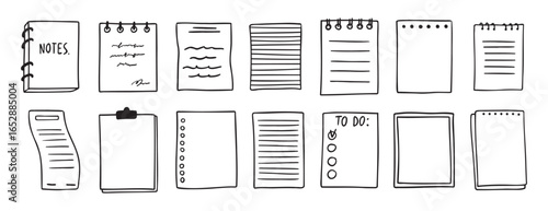 sheets various notebooks doodle hand drawn outline set. paper with stripes or dots, blank collection. Notebooks reminder, memory sketch pages. notes sheet