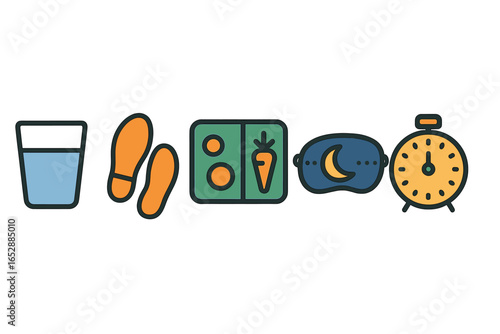 A vibrant collection of flat design icons symbolizing essential healthy lifestyle components: a refreshing glass of water, active footprints, vital vitamin pills, a restful sleep mask, and an alert a