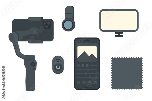 Dynamic Flat Design Vector Illustration: Mobile Filmmaking Setup with Gimbal, Smartphone, Clip-on Lens, Remote, Monitor, and Cleaning Cloth on Dark Textured Background - Essential Content Creation Ge