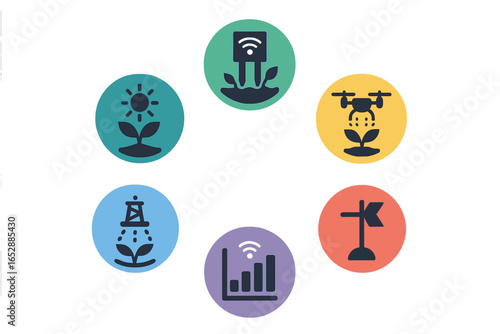 Smart agriculture concept icons showing modern farming techniques like drone spraying, sensor monitoring, irrigation systems, and growth tracking for efficient crop management and sustainable food pr