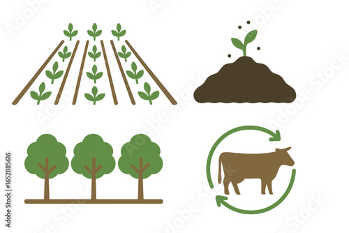 Conceptual illustration of sustainable agriculture practices including crop rotation, soil enrichment, tree planting, and livestock integration for a healthy ecosystem and food production cycle.