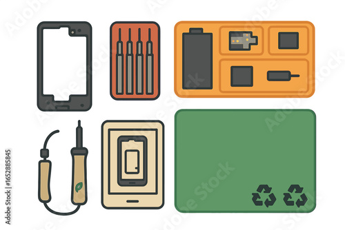 Flat design illustration of electronic device repair tools and components, including a smartphone frame, screwdrivers, battery, circuit board parts, soldering iron, and recycling symbols, representin