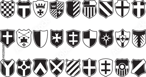 Set of medieval heraldic shields in black and white silhouette vector art