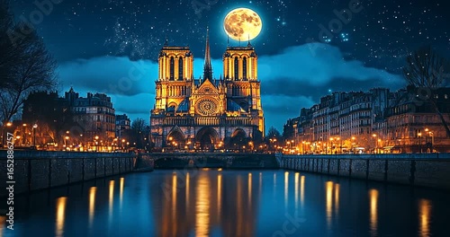 Notre Dame Cathedral at Night with Full Moon