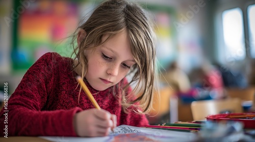Girl Draws at Desk. Child focuses on art project, education, classroom, creativity. For marketing, editorial, design, web.