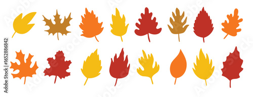 silhouette autumn leaves, yellow, orange and red herbal elements. fall simple leaves. silhouettes of autumn botanical flat isolated leaves