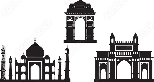 Famous Indian landmarks vector art: Taj Mahal, India Gate, Gateway of India.