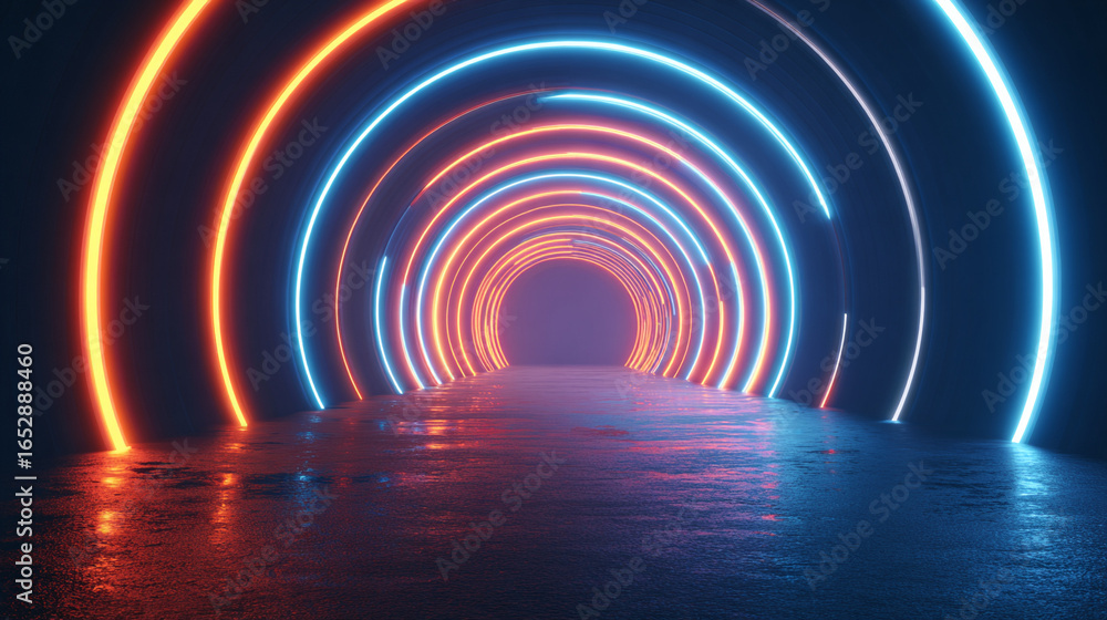 Fototapeta premium Neon Circle Tunnel: Abstract Background with Glowing Lights