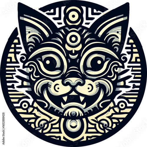 Vector illustration design image sketch icon logo symbol cat head with details accessories decoration ethnic classic vintage traditional abstract modern