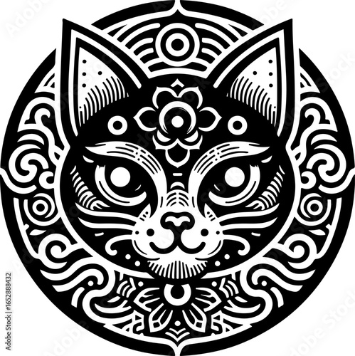 Vector illustration design image sketch icon logo symbol cat head with details accessories decoration ethnic classic vintage traditional abstract modern
