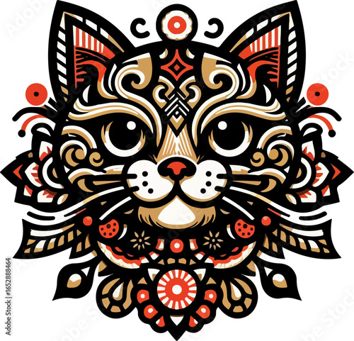 Vector illustration design image sketch icon logo symbol cat head with details accessories decoration ethnic classic vintage traditional abstract modern