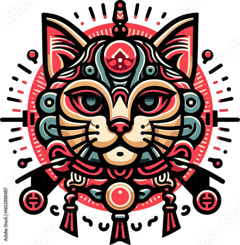 Vector illustration design image sketch icon logo symbol cat head with details accessories decoration ethnic classic vintage traditional abstract modern