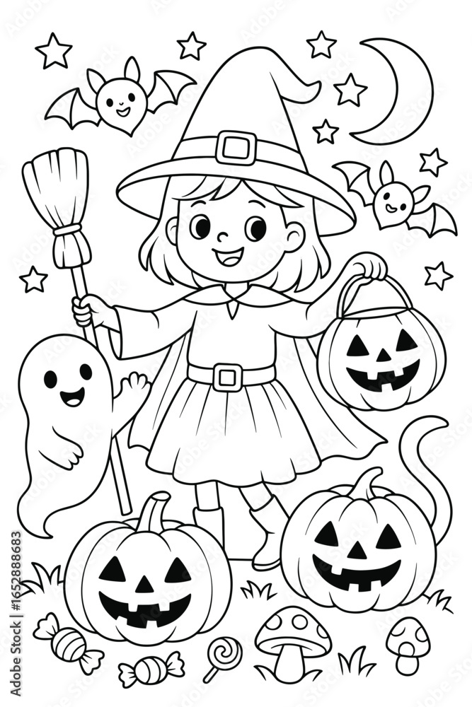 Fototapeta premium Girl and pumpkins - Halloween coloring page