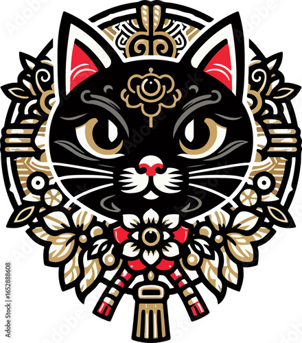 Vector illustration design image sketch icon logo symbol cat head with details accessories decoration ethnic classic vintage traditional abstract modern