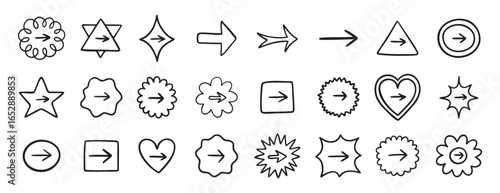 Cute arrow in frame set for bullet journal doodle hand drawn icon set. Diary note arrow elements in the shape of flower, star, heart, circle.