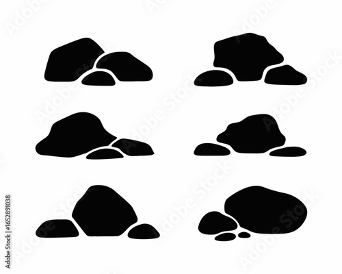 Collection of six black rock silhouettes isolated on white background