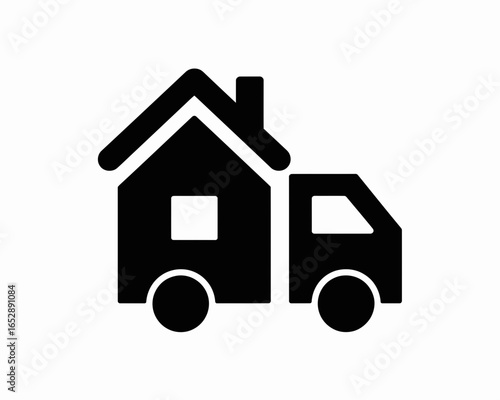 Black silhouette of a house on wheels representing a mobile home or moving truck isolated on white background