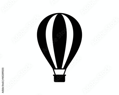 Black hot air balloon silhouette with vertical stripes isolated on white background