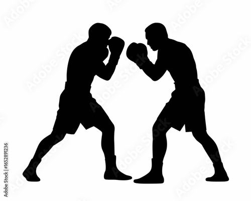 Two boxers in fighting stance silhouette isolated on white background