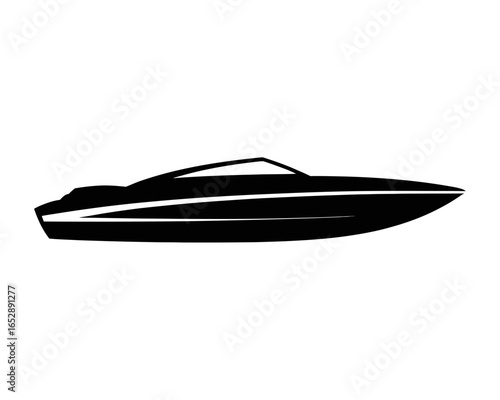 Sleek black speedboat silhouette isolated on white background