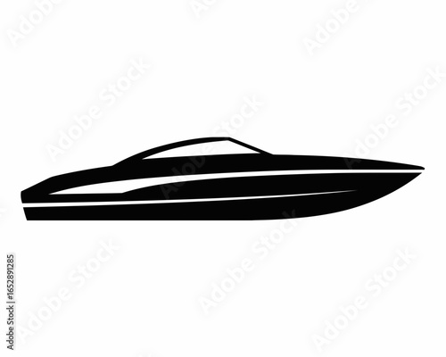 Sleek black speedboat silhouette isolated on white background