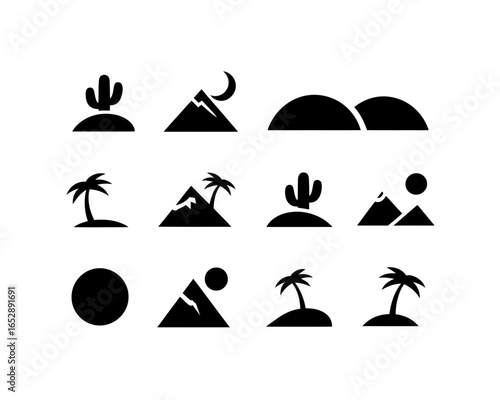 Collection of desert and tropical landscape silhouette icons isolated on white background