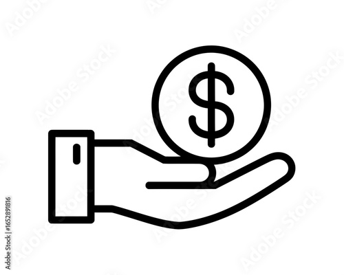 Hand holding a dollar coin icon silhouette isolated on white background
