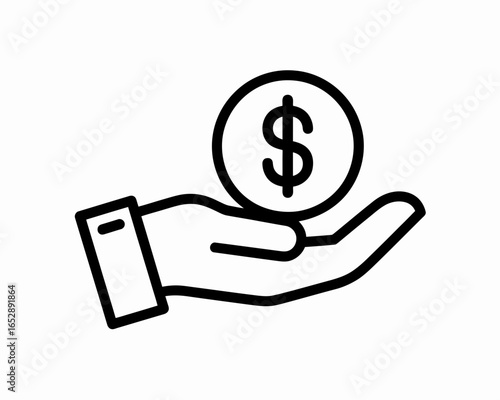 Hand holding a dollar coin silhouette isolated on white background