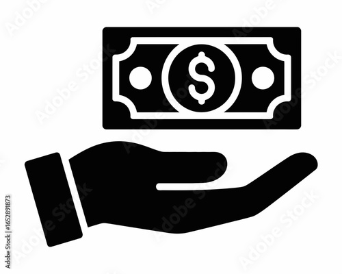 Hand holding money bill with dollar sign silhouette isolated on white background
