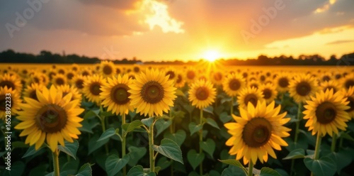 Golden hour sunbeams illuminate a field of sunflowers , high resolution, agriculture