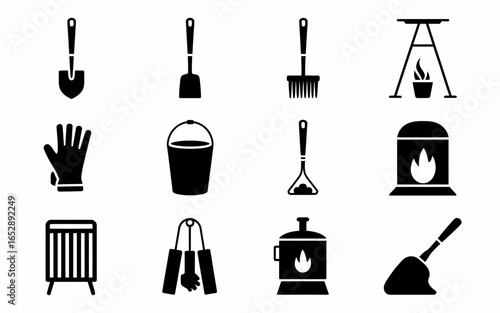 Collection of gardening and grilling tools silhouette isolated on white background