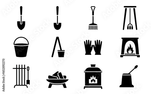 Collection of fireplace and garden tools silhouette icons isolated on white background