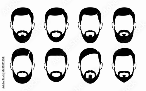 Collection of eight diverse male bearded silhouettes isolated on white background