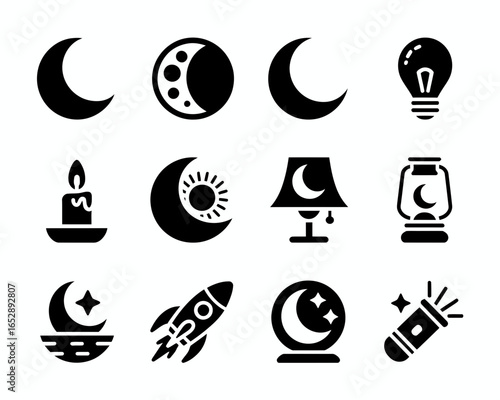 Collection of celestial and lighting icons silhouette isolated on white background