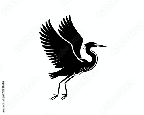 Elegant heron bird silhouette in flight isolated on white background