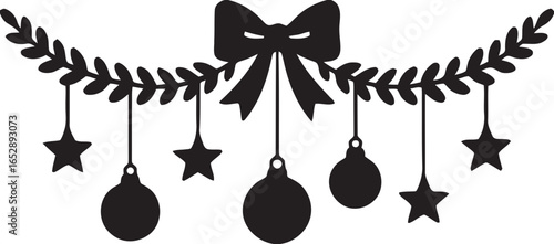 Festive christmas garland silhouette with ornaments and stars isolated on white background