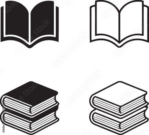 Collection of open and closed book icons in black and white silhouette isolated on white background