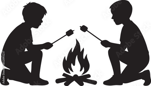 Two children silhouetted roasting marshmallows over a campfire isolated on white background