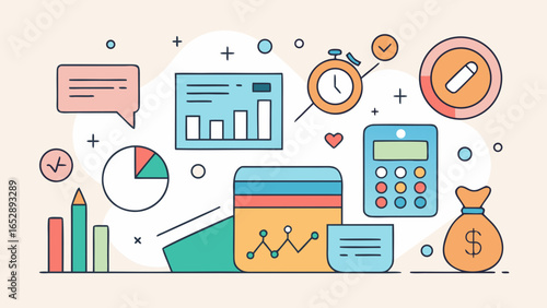 Business analytics and financial planning concept with graphs, charts, calculator and money icons in flat design style