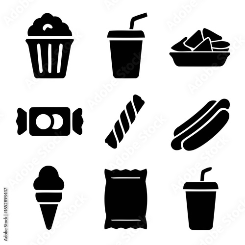 Collection of nine black silhouette icons representing popular snacks and drinks isolated on white background silhouette