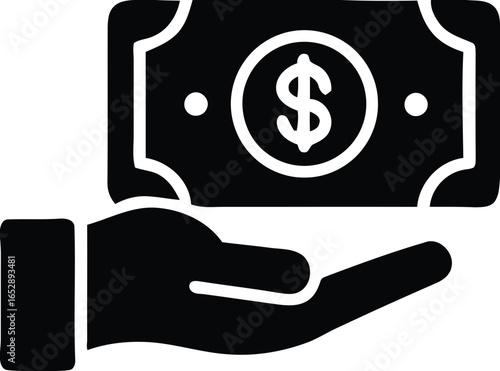 Silhouette of a hand holding a dollar bill isolated on white background