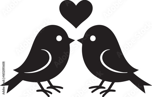 Two birds silhouette kissing under a heart isolated on white background