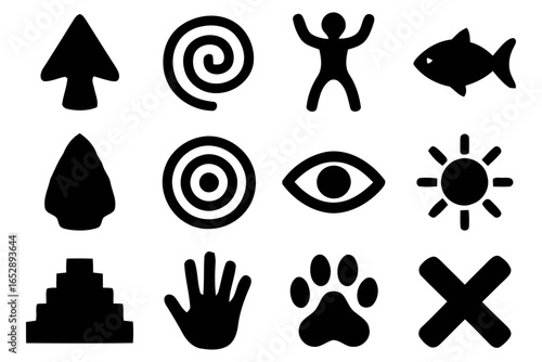 Collection of ancient symbols and pictograms silhouette isolated on white background