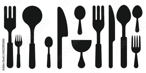 Collection of black cutlery and utensils silhouettes isolated on white background silhouette